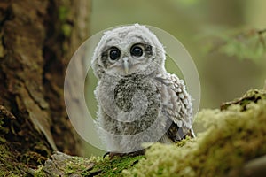 Nocturnal Cute baby owl in forest. Generate ai photo