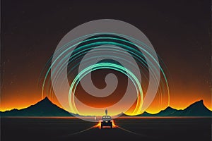 A nocturnal landscape depicts a man standing on a vintage car, gazing at a planet with rings adorning the horizon. Fantasy concept