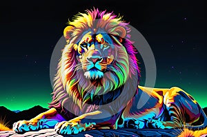 Nocturnal Majesty: Neon-Lit Lion Basking in Eerie Luminescence with Vivid Spectrum Radiating from its Mane