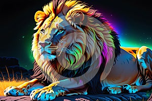 Nocturnal Majesty: Neon-Lit Lion Basking in Eerie Luminescence with Vivid Spectrum Radiating from its Mane