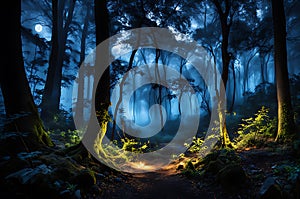 nocturnal mystical forest landscape with bioluminescent flora, illuminated trails, and fireflies