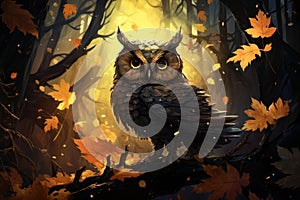 Nocturnal Owl leaves forest. Generate Ai