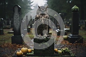 Nocturnal Owl sitting on cemetery stone tomb. Generate ai