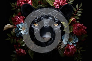Nocturnal Panther head flowers mammal. Generate Ai