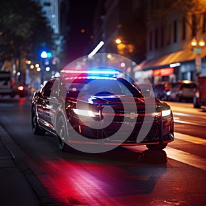 Nocturnal patrol Police car lights flash on the city streets