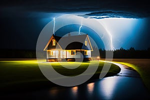 Nocturnal picture of a lonely family house on a small river, over which a thunderstorm with lightning strikes, made with generativ