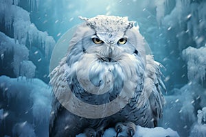 Nocturnal Polar owl winter branch. Generate Ai