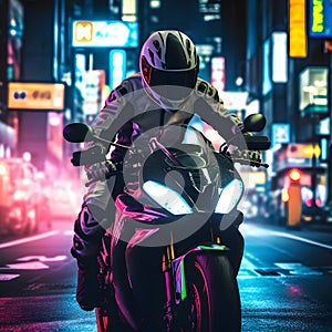 Nocturnal Ride. Motorcycle Rider Through City Streets at Night