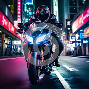 Nocturnal Ride. Motorcycle Rider Through City Streets at Night