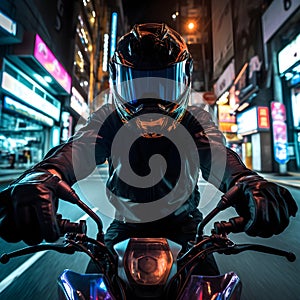 Nocturnal Ride. Motorcycle Rider Through City Streets at Night