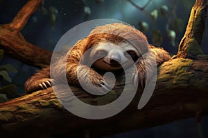 Nocturnal Sleeping sloth on branch. Generate Ai photo