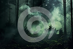 Nocturnal Smoke forest night. Generate Ai photo