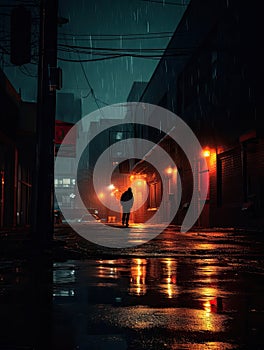 Nocturnal Solitude: Rainy Alleyway with a Lone Figure. Generative Ai