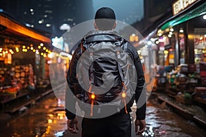 Nocturnal urban voyager. backpack-clad man reveling in captivating night cityscapes