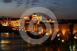 Nocturnal view of Cordoba & river Guadalquivir, Spain