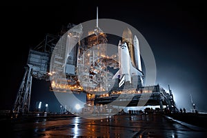 Space Shuttle on Launch Pad at Night
