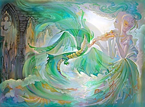 Nocturne for dragon. Oil painting on canvas. Fantasy illustration of a two-faced fairy playing music among the gothic maritime