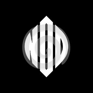 NOD circle letter logo design with circle and ellipse shape. NOD ellipse letters with typographic style. The three initials form a