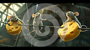 In a nod to the movie Mission Impossible the mice are shown dangling from a rope trying to avoid laser beams and reach