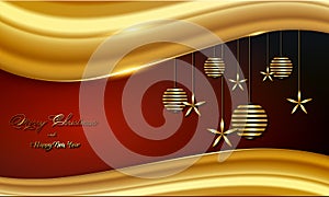 Christmas luxury holiday banner with gold handwritten Merry Christmas and Happy New Year greetings and gold colored Christmas ball