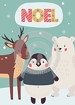 noel christmas card with cute winter animals turquoise background