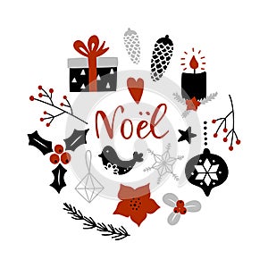 Noel, Christmas on french. Circle composition with Christmas decoration attributes. photo