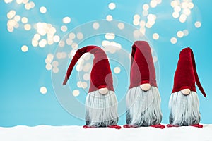 Noel gnomes (elfes) background. Christmas greating card. Christmas or New Year celebration concept. Copy space
