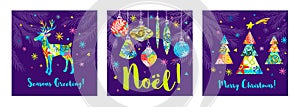 Noel lettering seasons greeting card. Merry Christmas tree branch colorful deer decor. New Year ornamental decoration