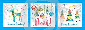 Noel lettering seasons greeting card. Merry Christmas tree branch colorful deer decor. New Year ornamental decoration