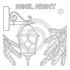 Noel night black and white poster with lonely star, street lamp