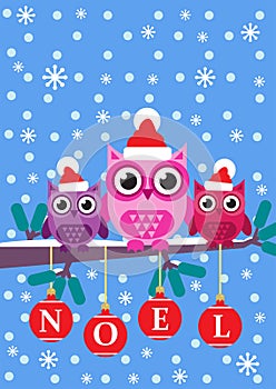 Noel Owls Sitting On A Snow Covered Branch