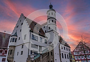Noerdlingen town hall at sunset ,bavaria germany .in the evening