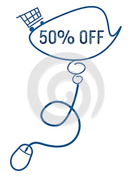 NOFT: Discount Fifty Percent Off Computer Mouse Blue Shopping Cart Text Bubble