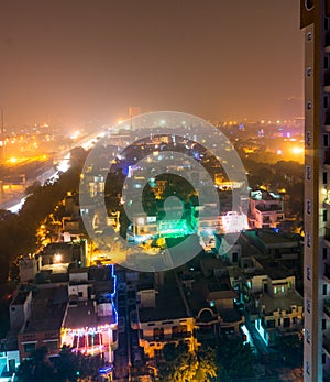 Noida city scape with colorful lights on Diwali