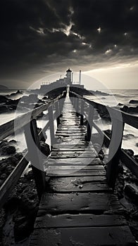 Noir coastal scene, Fishing jetty depicted in evocative black and white tones