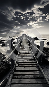 Noir coastal scene, Fishing jetty depicted in evocative black and white tones