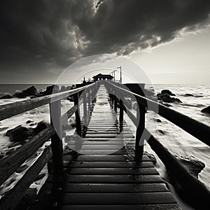 Noir coastal scene, Fishing jetty depicted in evocative black and white tones