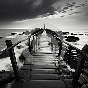 Noir coastal scene, Fishing jetty depicted in evocative black and white tones