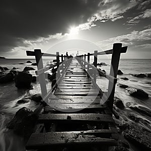 Noir coastal scene, Fishing jetty depicted in evocative black and white tones