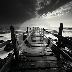 Noir coastal scene, Fishing jetty depicted in evocative black and white tones