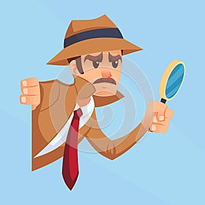 Noir detective with magnifying glass peeking out the corner cartoon flat design illustration