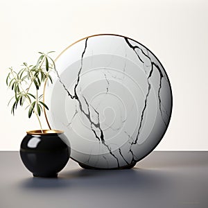 Noir pottery adorns marble, starkly prominent on white wall background