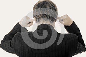 Noise in ears listen fingers businessman