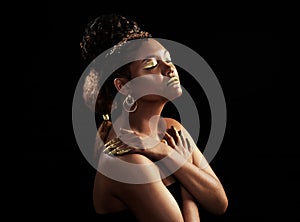 Noise, gold and black woman with jewelry for fashion, beauty or makeup crown for luxury isolated on dark background