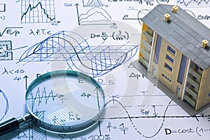 Noise reduction in buildings activity and construction industry - concept with formulas and condominium residential building