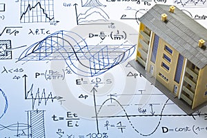 Noise reduction in buildings activity and construction industry - concept with formulas and condominium residential building