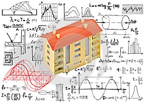 Noise reduction in buildings activity and construction industry - concept with formulas and condominium residential building model