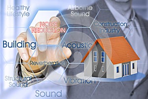 Noise reduction in buildings concept with business manager pointing to icons against a digital display and home model