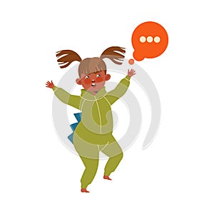 Noisy Little Girl with Ponytail Wearing Dinosaur Onesie Claiming Attention Vector Illustration