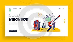 Noisy Neighbor Landing Page Template. Artist Playing Amp at Night in Apartment. Musician Training Play Electric Guitar